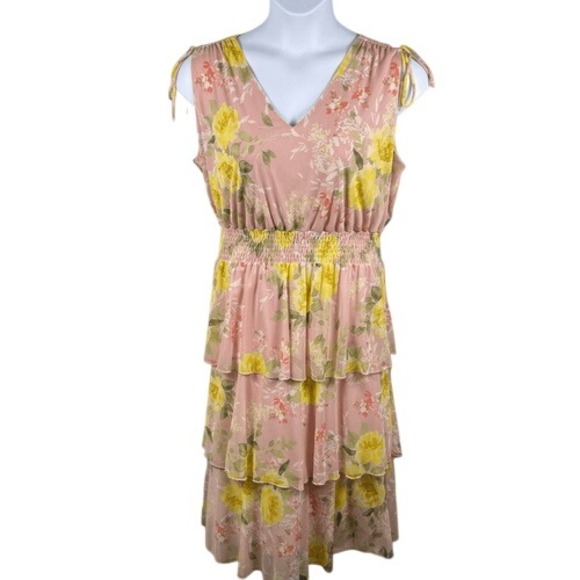 Stella &‎ Julie Floral Tiered Midi Dress Pink Yellow Smocked Waist 16W Whimsical - Picture 1 of 10